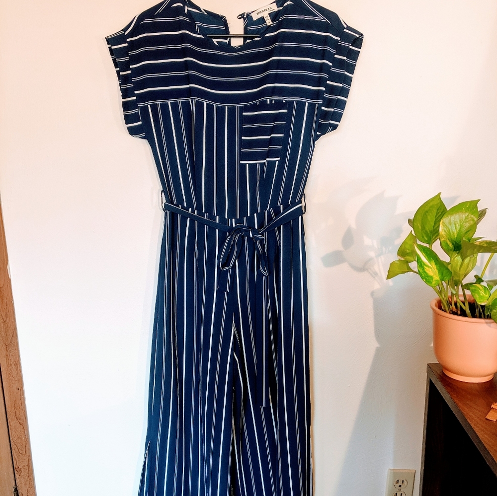 Monteau Navy Striped Jumpsuit